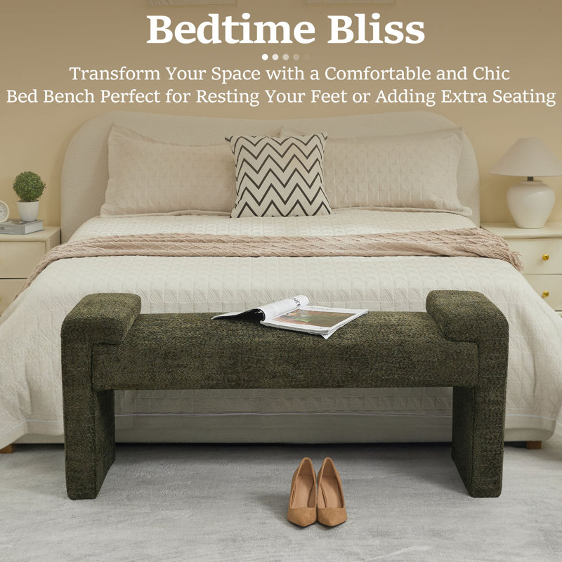 43.3" W Upholstered Bedroom Bench, Green Sherpa, 19.6" H x 43.3" W x 17.3" D