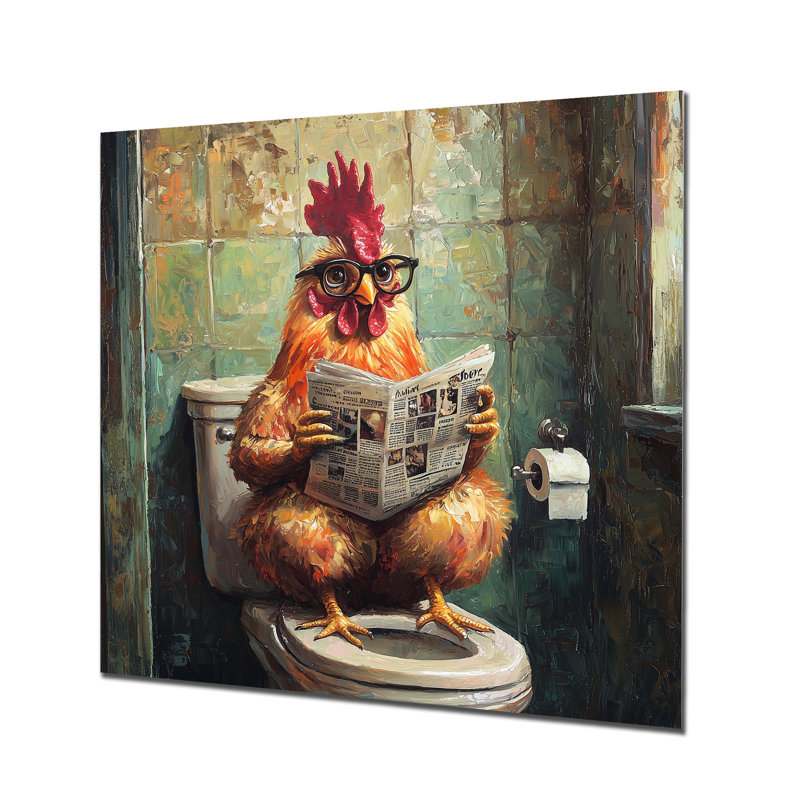 Coq lisant un journal dans la toilette II - coq imprimé métallique, H 16 po x l 16 po