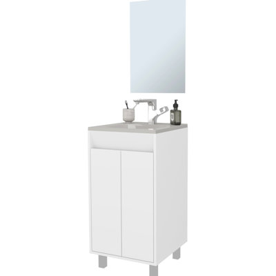 Armoire de salle de bain blanche à 2 portes avec lavabo intégré, longues pattes en métal, hauteur de 34,1 po, largeur de 17,8 po et profondeur, système de panneau de particules fixe, H 34,1 po x l 17,8 po x P 17,8 po,