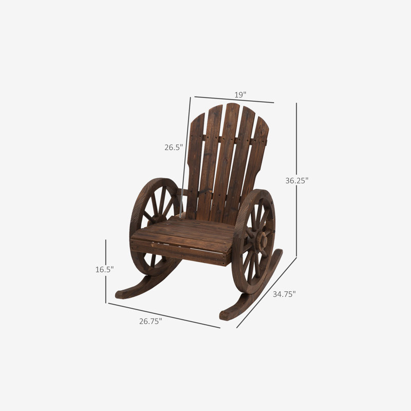 Outsunny Wooden Rocking Chair, Adirondack Rocker Chair w/ Slatted Design and Oversized Back, Outdoor Rocking Chair with Wagon Wheel Armrest for Porch, Poolside, and Garden, Carbonized