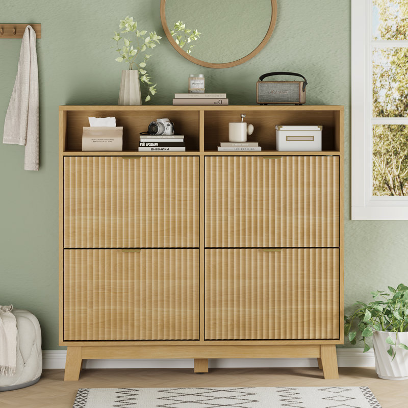 Fluted Shoe Cabinet with 4 Flip Drawers and Open Shelf, 45" Tall Narrow Shoe Storage Organizer for Entryway, Freestanding Wooden Rack Holds 24-28 Pairs, Hallway, Living Room, Furniture