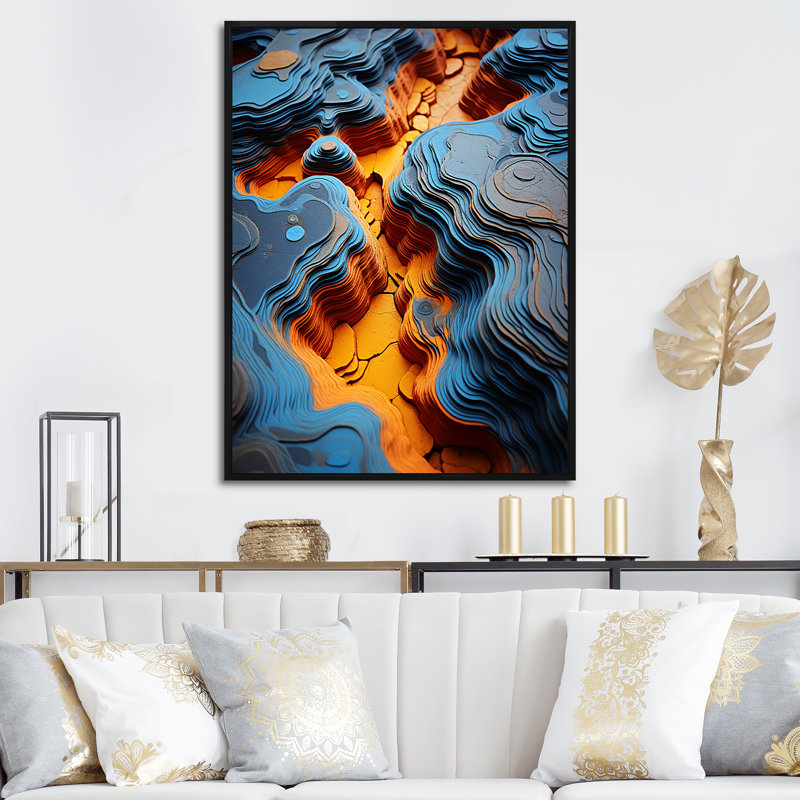 «Blue and Range River of Quartz - Stone Geode», art mural, Cadre flottant noir, H 44 po x l 34 po x P 1,5 po