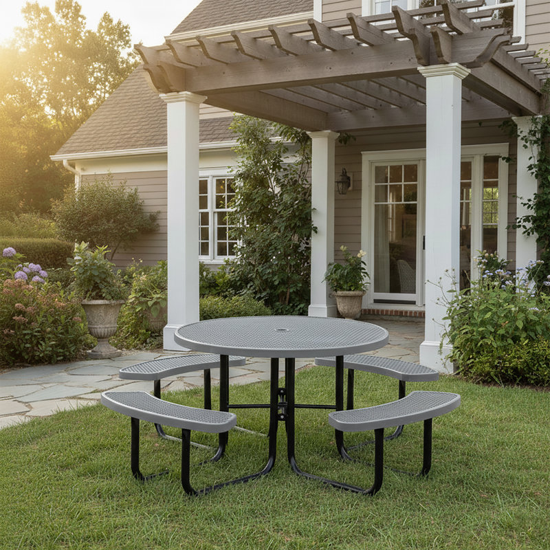 Outdoor Furniture 8-Person Coated Heavy-Duty Picnic Table with Umbrella Hole, Commercial-Grade Patio Dining Table, Round 79''