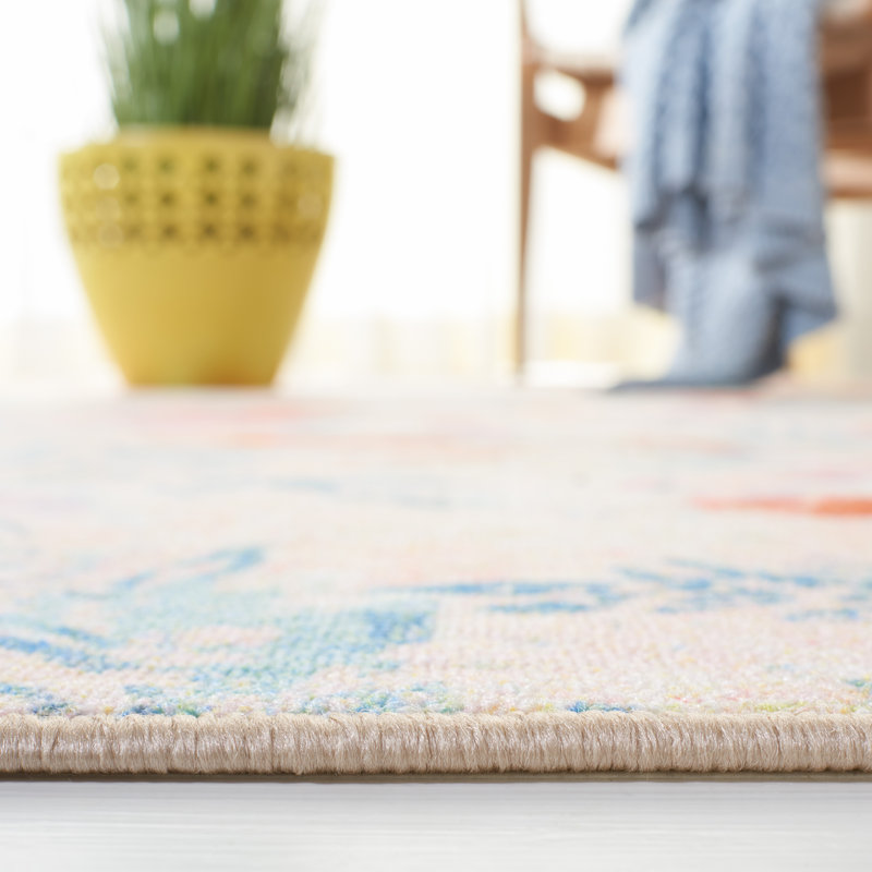 Blue and Blush Pink Abstract Floral 9' x 12' Area Rug
