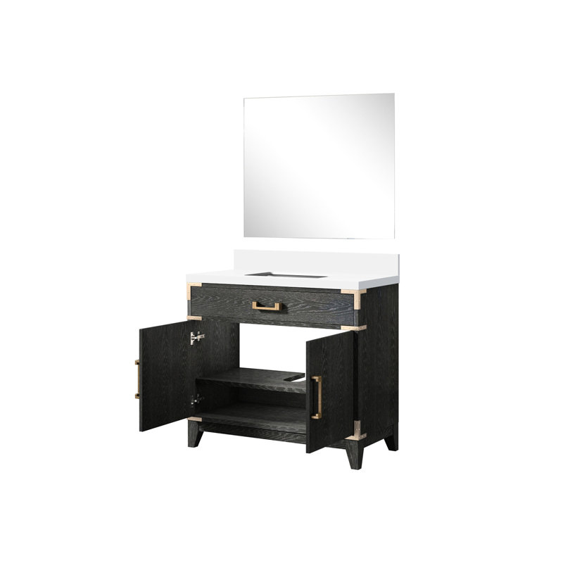 Meuble-lavabo en chêne noir avec comptoir en marbre de culture Miroir - Armoire de rangement spacieuse à fermeture douce 36 W x 22 P