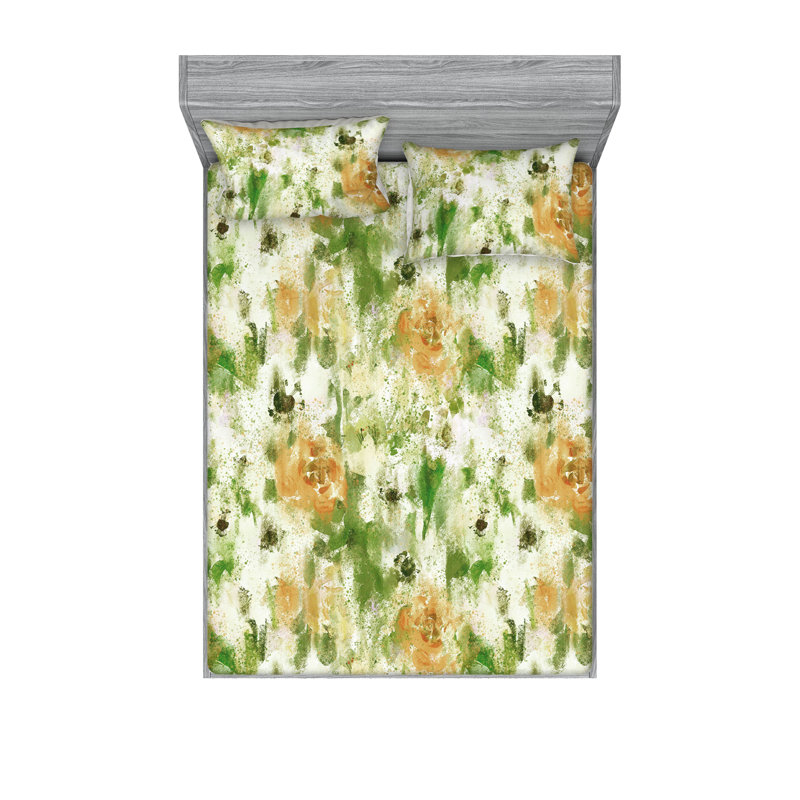 Drap-housse et taies décoratives 3 pièces Ambesonne, Vert olive, pêche / floral