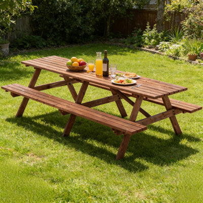 Extra Large 95" Long Wood Picnic Table Set With Built-In Benches And Umbrella Hole, Comfortably Seats 12, Brown