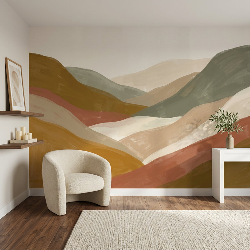 Décoration murale abstraite à superposition de tons terre terre, 140 po x 108 po, Peler et coller