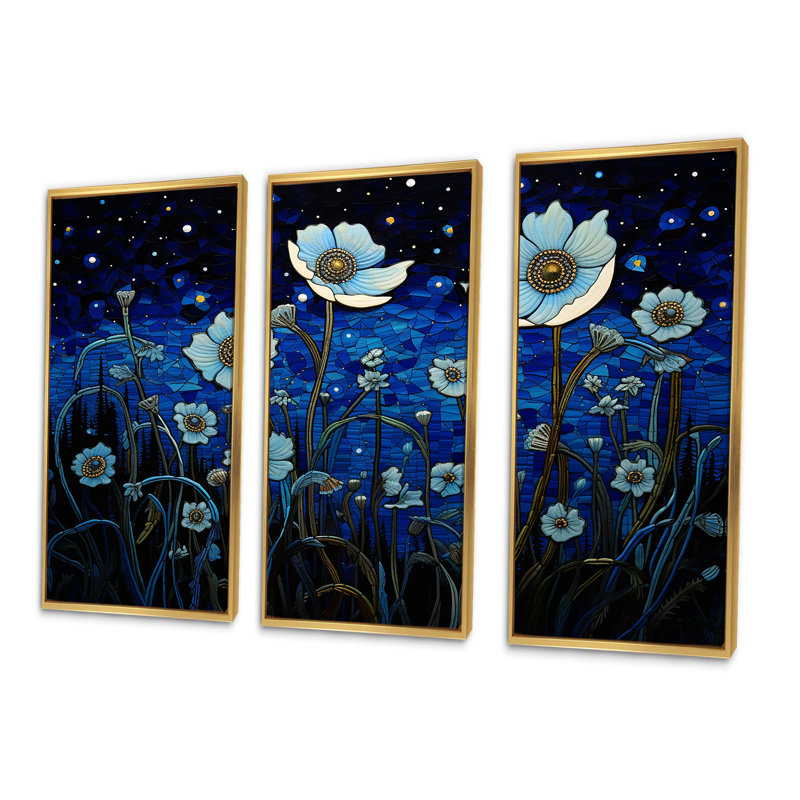 Ensemble de salon d'art mural au clair de lune Flower Field Dreams II - Fleurs sauvages, Cadre flottant doré