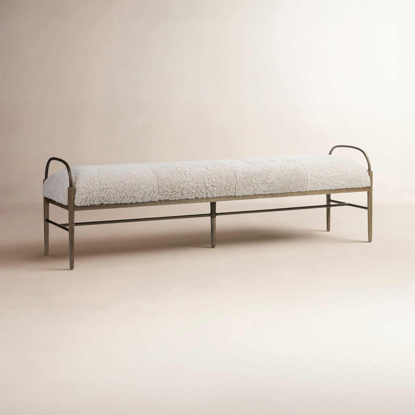 Demi 76" Genuine Leather Bedroom Bench, Beige Shearling