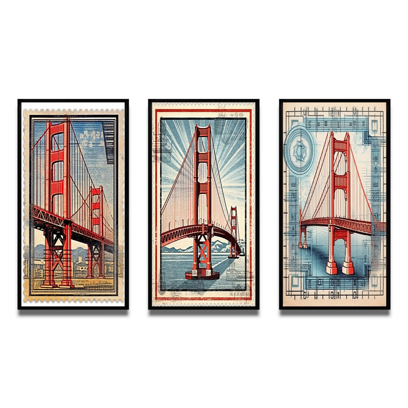 Golden Gate - Illustration rétro de San Francisco - ensemble de 3 pièces, Cadre flottant noir, H 32 po x l 48 po