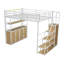 Lit mezzanine double en métal avec escalier de rangement et garde-robe, tablettes et casiers, blanc