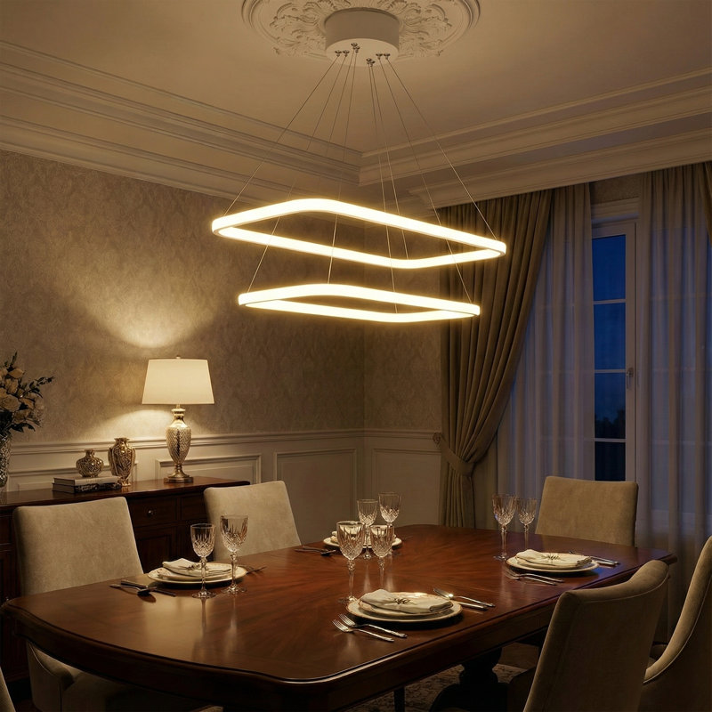 Modern Interlocking Geometric Tiered Integrated LED Chandelier, 4500 Kelvins, White
