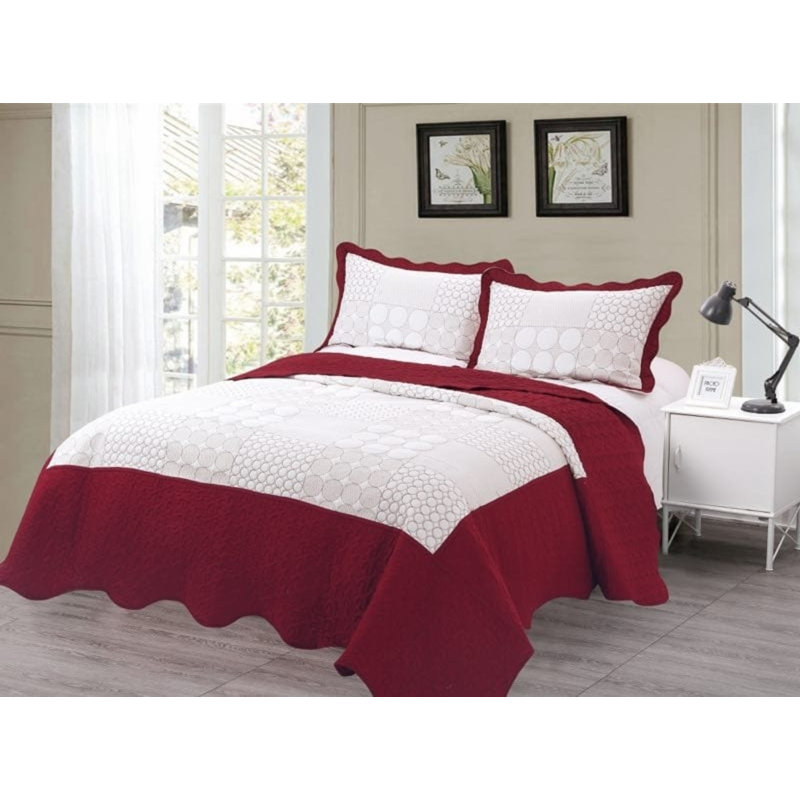 Ensemble de surfaces brodées Liara, Édredon pour lit simple + 2 taies d'oreiller déc, Rouge / Blanc