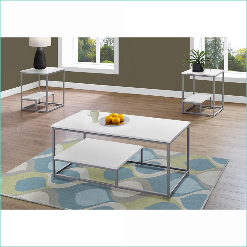3-Piece Contemporary Coffee Table Set for Living Room – White Laminate Top, Grey Metal Frame, Extra Storage Shelf