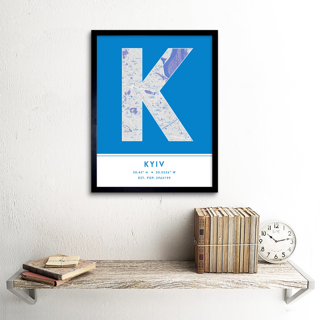 Kyiv Ukraine City Map Blue Colour Block Modern Typography Stylish Letter Framed Word Wall Art Print Poster