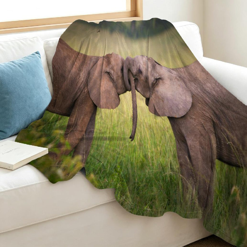 Jeté en flanelle verte molletonnée, imprimé éléphant Love Animal, Throw 40" x 50"