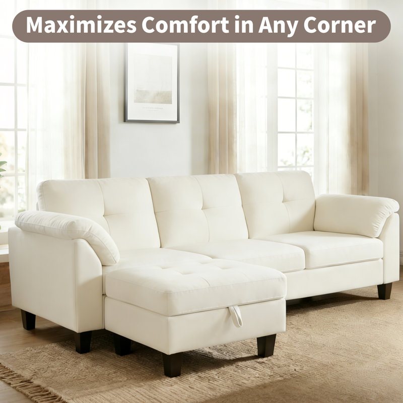 76.4" Modern 3-Seat Sectional Sofa with Arm Pillows, Convertible Chaise Lounge + Hidden Storage – Soft Upholstered Couch for Living Room