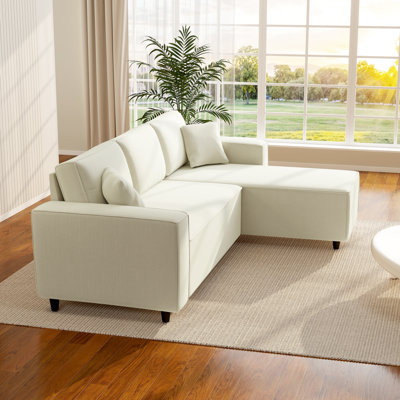 95" Sectional Sofa with Reversible Chaise Lounge, L-Shaped Corner Sofa with Corduroy Fabric, Pocket Spring, 2 Pillows, Wide Arm, Thick Padded, 3 Seat Couch for Living Room, Cream White