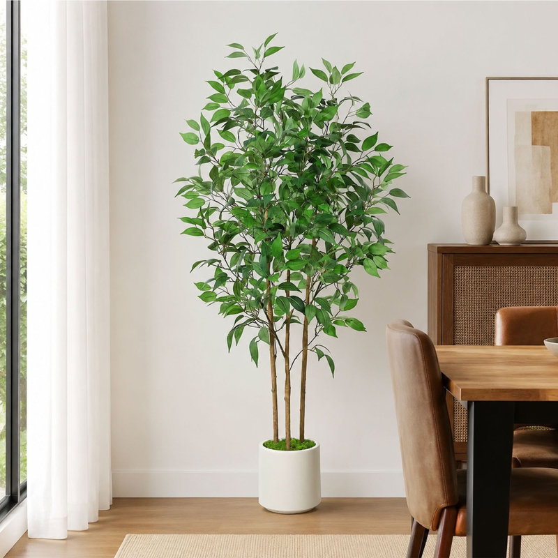 60 po Ficus artificiel avec pot de fleurs en céramique blanche et base en mousse, faux arbre pour la décoration intérieure