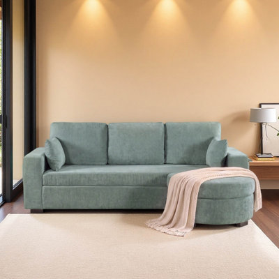 Canapé d'angle en chenille de 239 cm avec pouf de rangement incurvé, ports USB, porte-gobelets et 2 coussins décoratifs