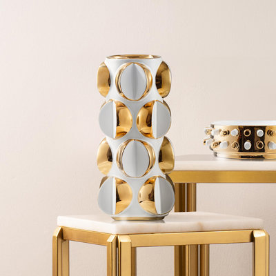 Ajalon Handmade White with Gold Decorative Ceramic Vase for Living Room Modern Home Decoration Accent Piece