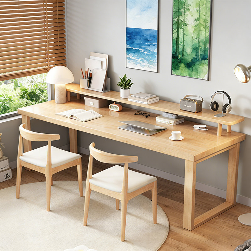 Bureau en bois massif avec bibliothèque, H 29,53 po x l 70,87 po x P 23,62 po, Naturel