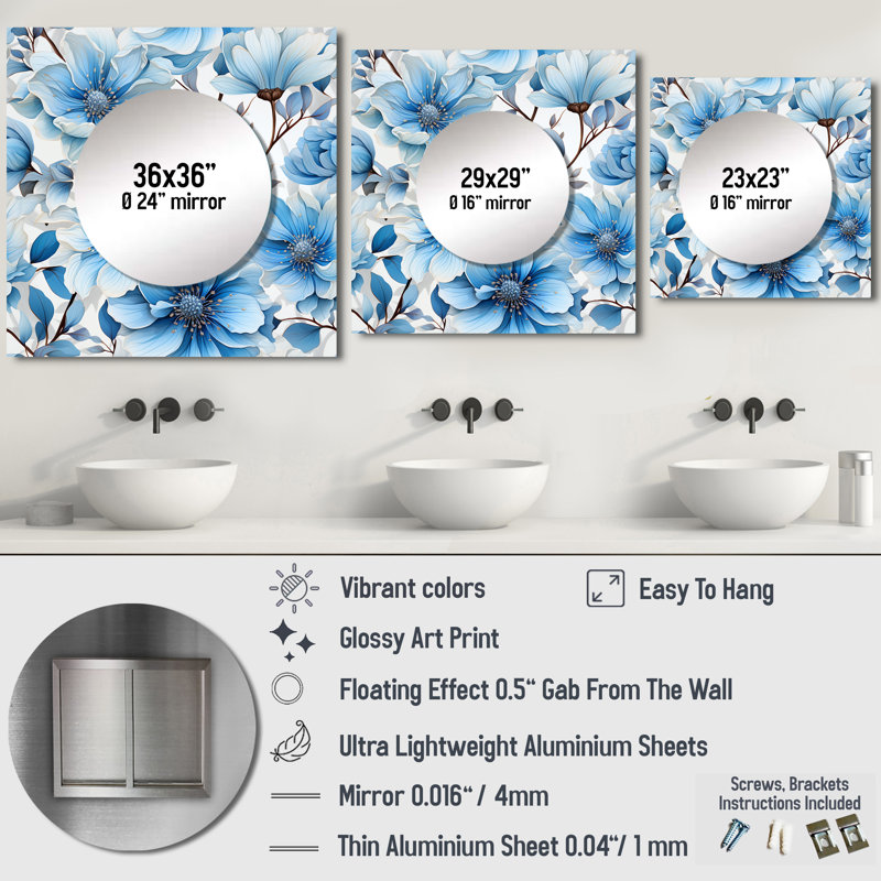 Motif de rêve floral bleu et blanc - miroir mural floral carré pour chambre à coucher, 23 po x 23 po