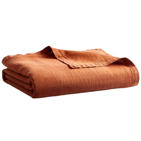 Folded burnt orange blanket.