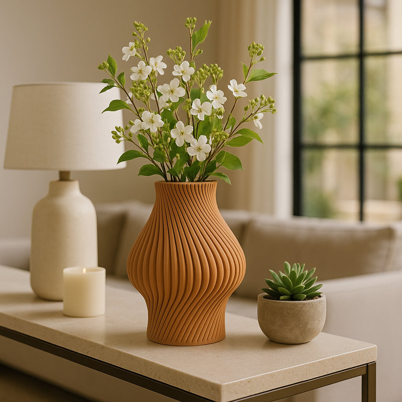 Modern Porcelain Table Vase for Home Decor - Textured Ripple Design Tall Flower Vase Accent for Living Room or Hallway - Brown