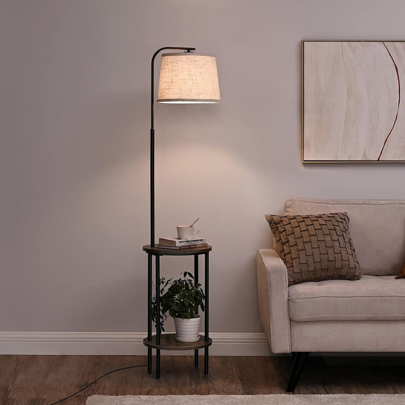 Lampe sur pied avec table de chevet en bois, style champêtre