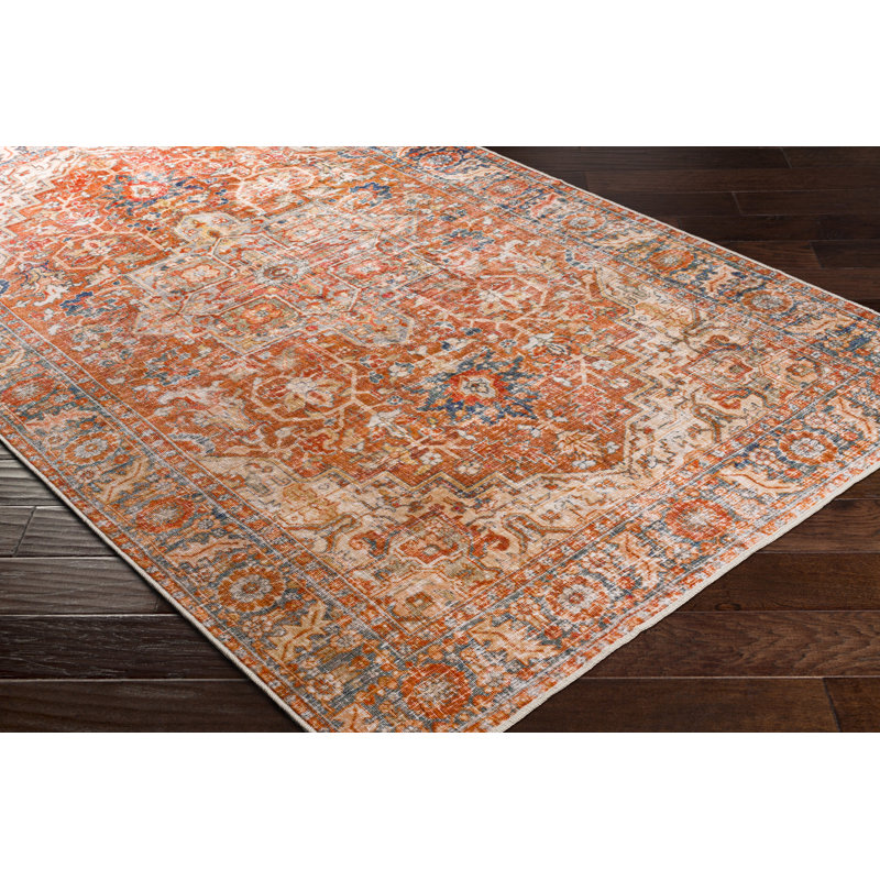 Mags Machine Washable Oriental Brick Red/Orange Area Rug, Rectangle 3'6" x 5'6"