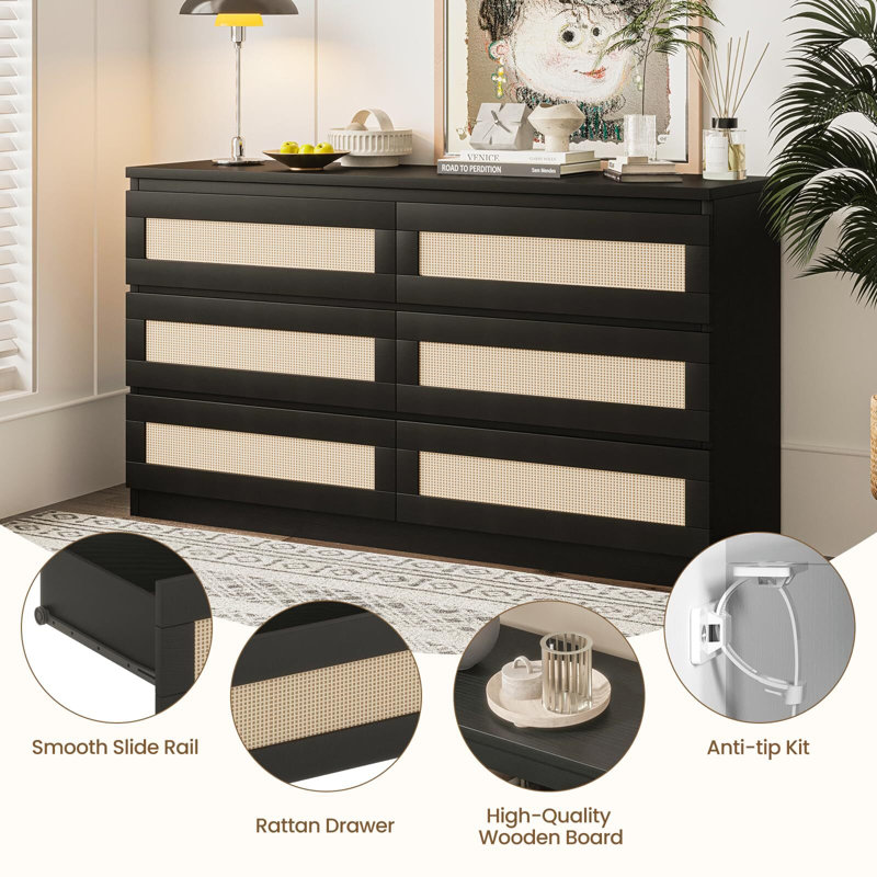 Commode double en rotin pour chambre à coucher, commode double 6 tiroirs avec ensemble anti-basculement