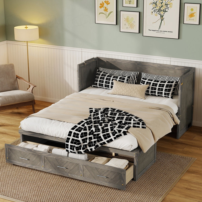 Grand lit escamotable avec station de charge USB, lit armoire en bois de pin, Antique Grey
