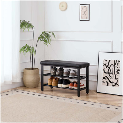 Petit banc à chaussures, étagère à chaussures à 3 niveaux, banc de rangement pour chaussures avec coussin de siège en polyuréthane, banc de rangement pour chaussures d'entrée avec tablettes en maille métallique, range-chaussures autoportant pour le couloir
