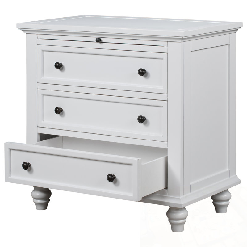 Table de chevet avec 3 tiroirs et pieds robustes, Blanc