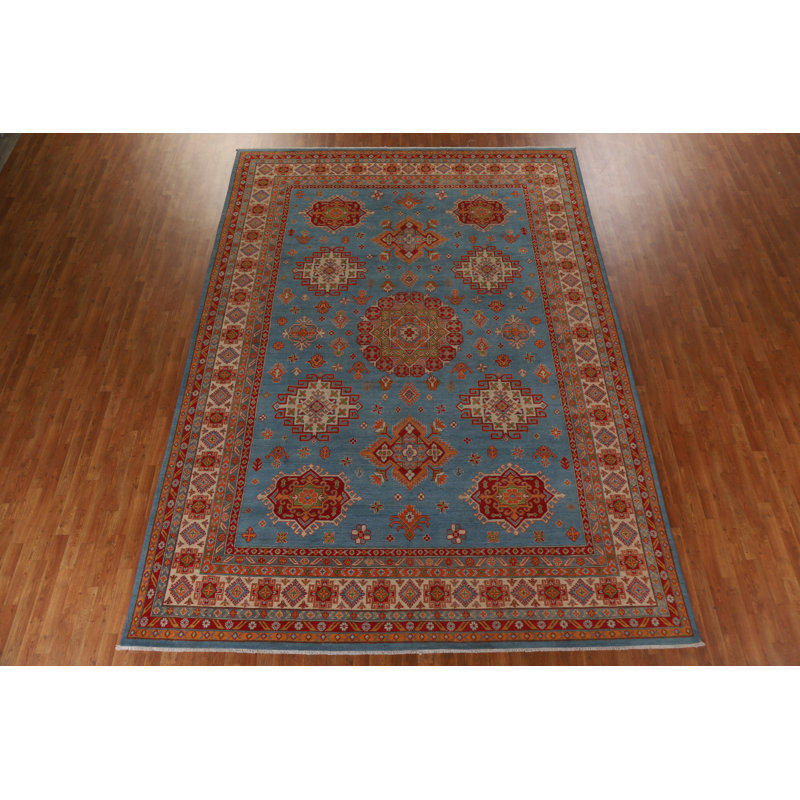 Tapis bleu / gris / brun en laine noué à la main de conception unique 9 pi 11 po x 13 pi 11 po New Age