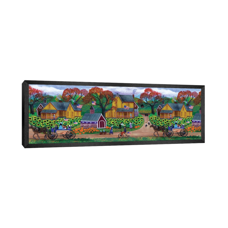American Primitive Sunflower Pumpkin Farm Border by Cheryl Bartley - Panoramic Painting on Canvas, Black Framed