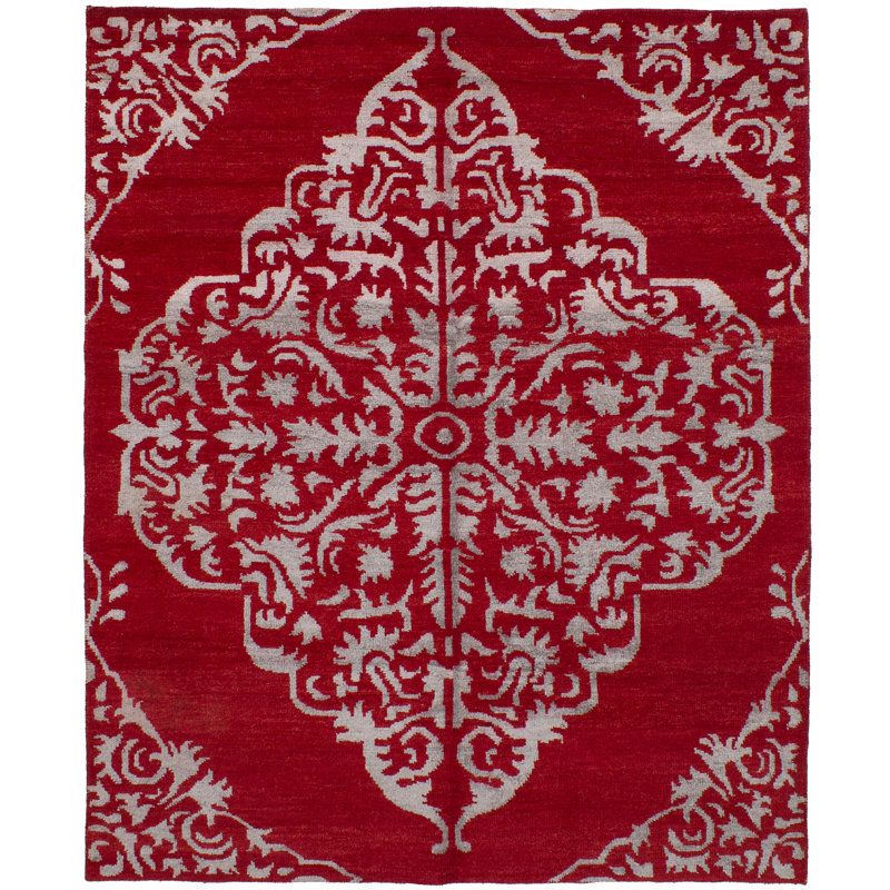 Tapis unique en laine noué à la main beige et rouge de style années 2010 de 7 pi 10 po x 9 pi 8 po Skaghe