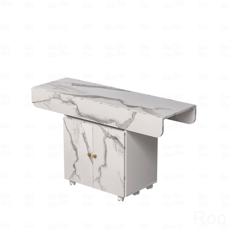 Kitchen Island Table, 47" Wooden Folding Dining Table With Storage Rack And Cabinet, Removable Entryway Table With 6 Wheels, White Marble Color, Side Table And Coffee Table Versatile Table Space Saving