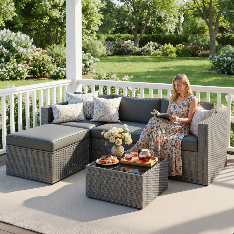 Ensemble de conversation modulaire en osier pour 4 personnes avec coussins, Gris foncé