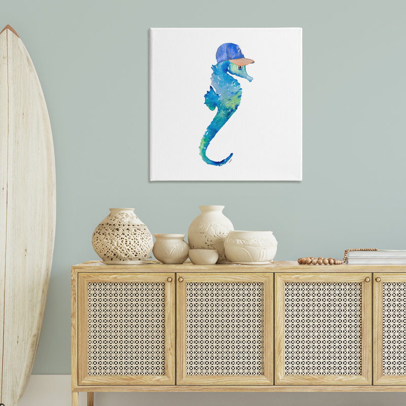 «Blue Seahorse in Hat», art mural sur toile par Lanie Loreth, H 36 po x l 36 po