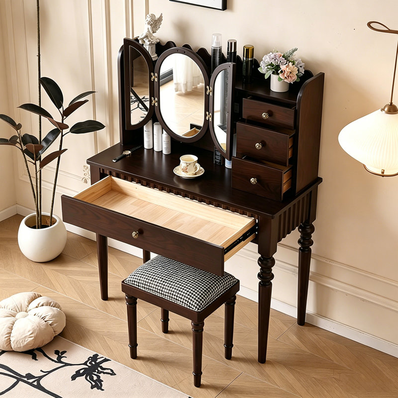 Mid-century Walnut Solid Wood Vanity with Mirror Storage