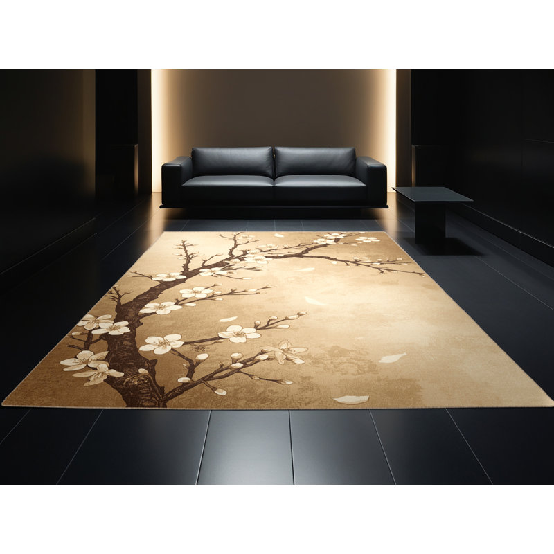 Machine Washable Parrilla Cherry Blossom Traditional Floral Rug in Beige – Beige Binding, 7' Round
