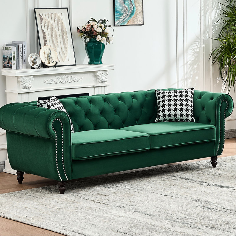 85" Mid Century Modern Velvet Chesterfield 3-Seater Sofa With Rolled Arms & Nailhead Trim, Upholstered Couch For Living Room & Office, Green