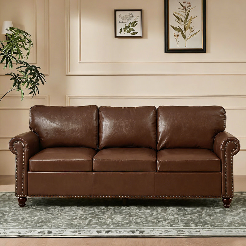 80" Faux Leather Rolled Arm Sofa with Storage, Chocolate Brown
