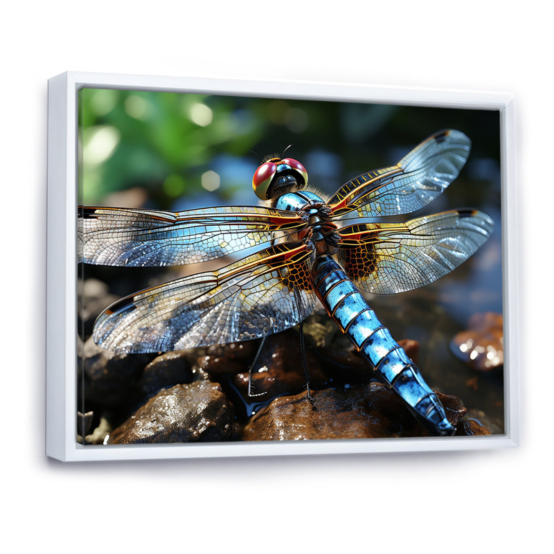 «Blue Fluttering Dragonfly I», art mural libellule, Cadre flottant blanc, H 34 po x l 44 po x P 1,5 po