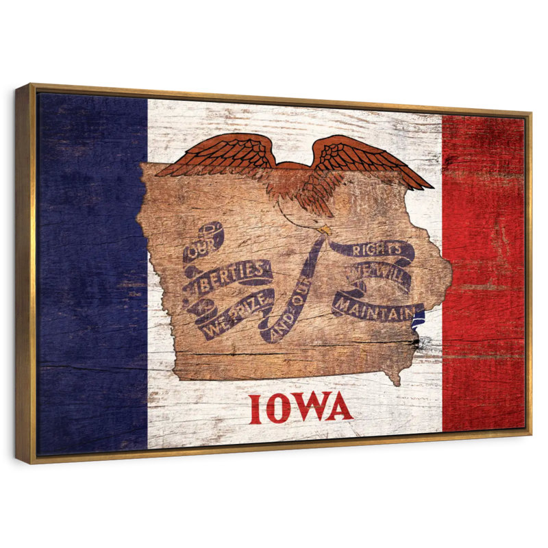 Carte d'État sur le drapeau de l'Iowa, Cadre flottant doré, 31 po x 21 po