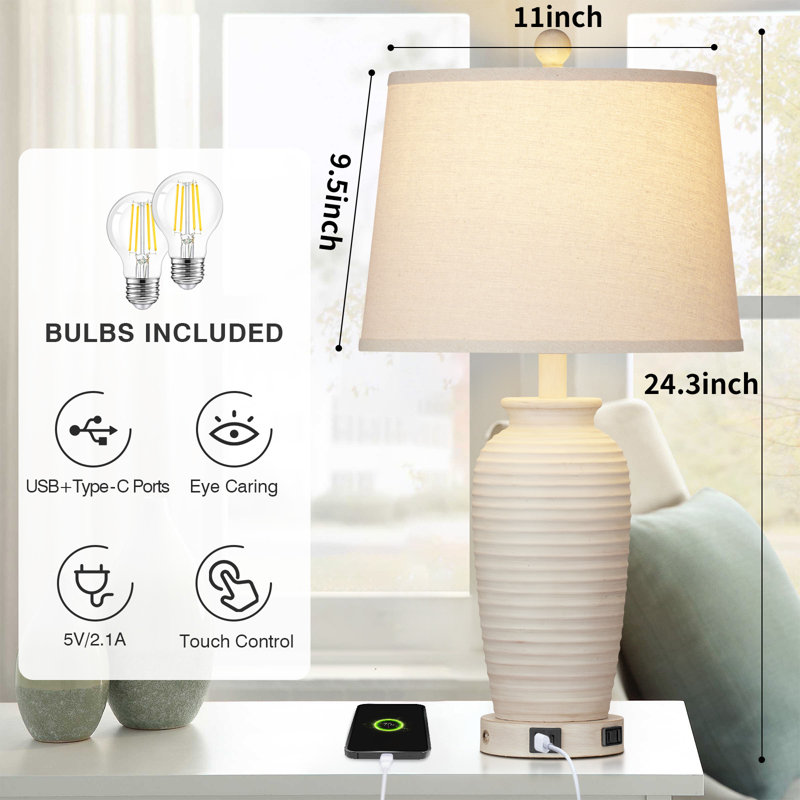 Allisan 24.3" USB Table Lamp Set with Touch Control and Bulbs, Beige