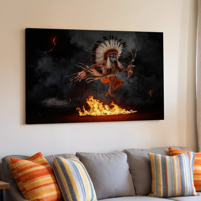 Reproduction d'art sur toile Native American Warrior Dance with Feather Coiffe and Fire pour salon, chambre à coucher, bureau, couloir, vestibule, galerie murale et décoration intérieure moderne